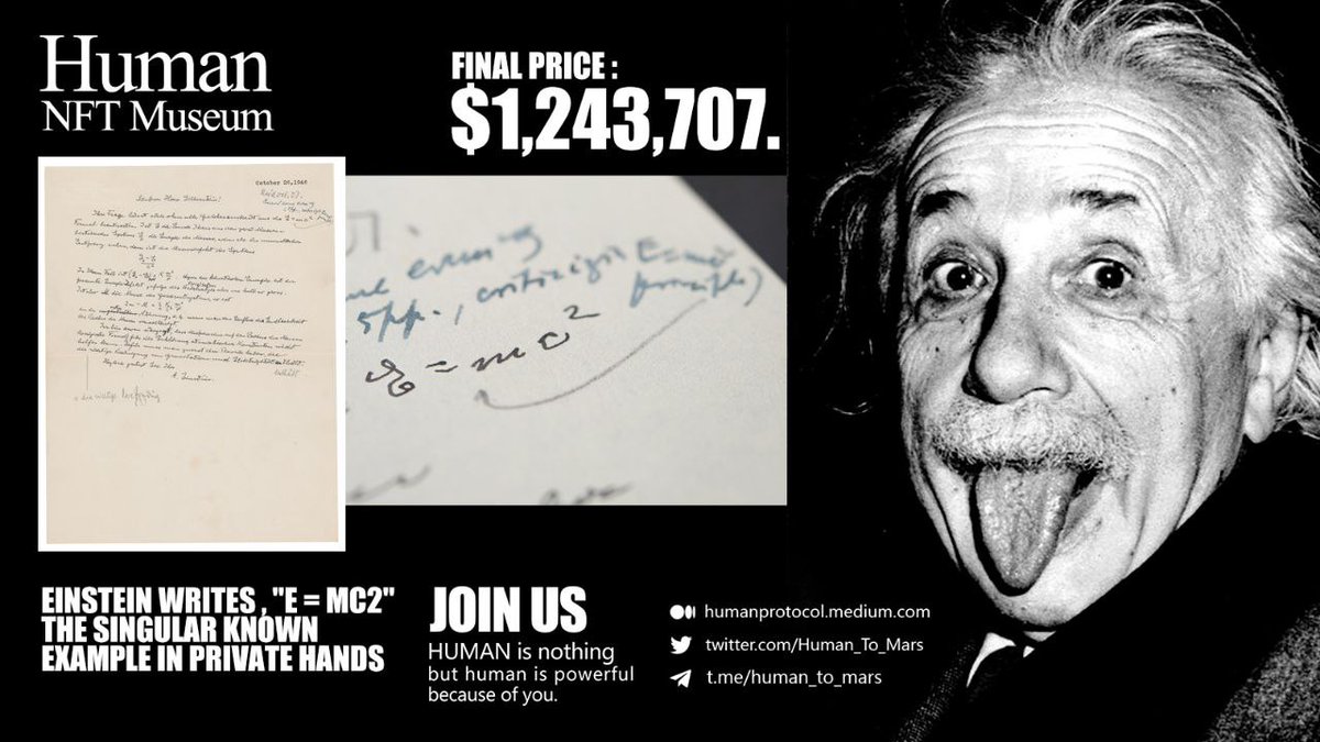 Did you know? 🤔

On May 20 local time, new news came out from Boston RR auction house. A letter from Einstein, one of the greatest scientists in the 20th century, sold for a high price of $1243707, recording the legendary formula E= MC2 😇

$HUMAN
#NFT #HumanToMars #Crypto