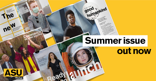 ASU's tweet photo. The newest issue of #ASUThrive highlights how recent grads are finding success. Take a look. #ASUExcellence #ASUGrad
https://t.co/hLwvav9UnK https://t.co/IVP0Le4Odx