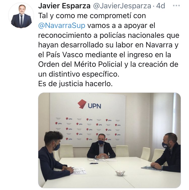 SUPnavarra's tweet photo. 📆27/05/21 @parlamentoNA 

🗳Moción para el reconocimiento de los #PoliciasNacionales que hayan desarrollado su labor en #Navarra y #PaisVasco mediante el ingreso en la Orden del Mérito Policial y la creación de un distintivo específico

#MedallayDistintivoNorte #SUP 

✔️GRACIAS https://t.co/xH5Sjwz3d8