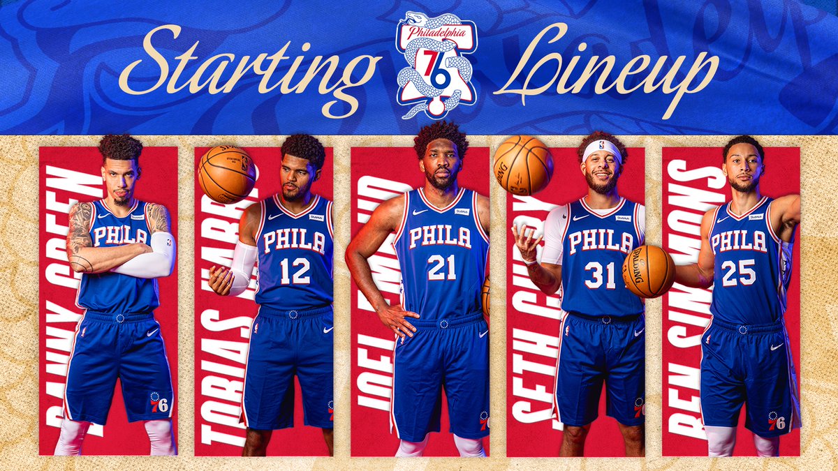 sixers's tweet photo. Tonight's starting five:

• @DGreen_14
• @tobias31
• @JoelEmbiid
• @sdotcurry 
• @BenSimmons25

#PhilaUnite | @RothmanOrtho https://t.co/wUFvSsQjiE