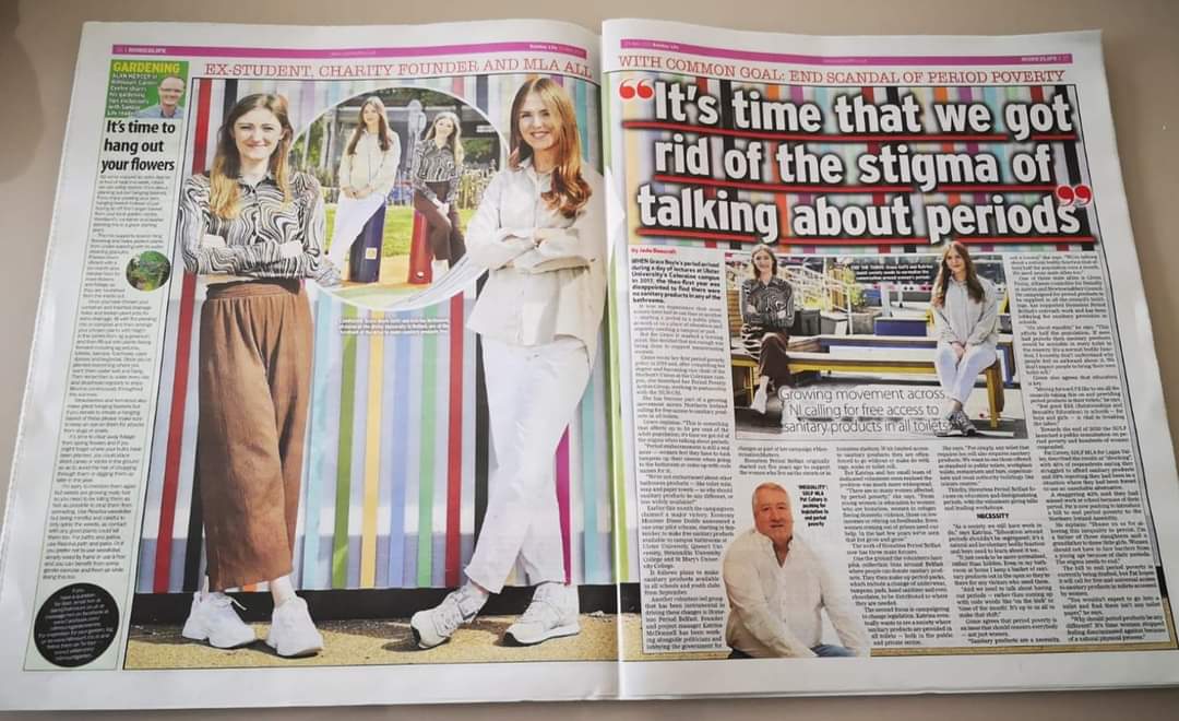 Grace Boyle of @UUSU_Online & Katrina of @HPeriodBelfast (featured in @TheSundayLife) have been instrumental in ensuring students have access to #freeperiodproducts from Sept.
It's an honor to stand with them & work together to end #periodpoverty and push for #periodequity in NI