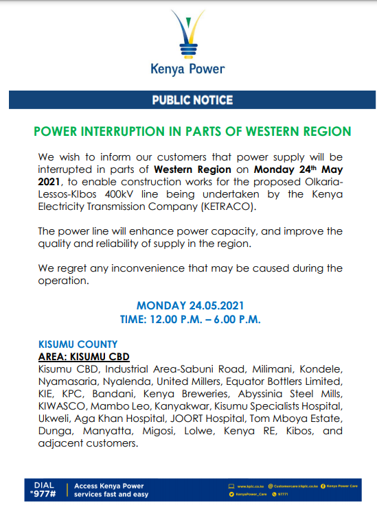 KenyaPower_Care's tweet photo. Good evening, please find shutdown for 24th May 2021 for Kisumu County ^FK https://t.co/XzGhYIV7hd