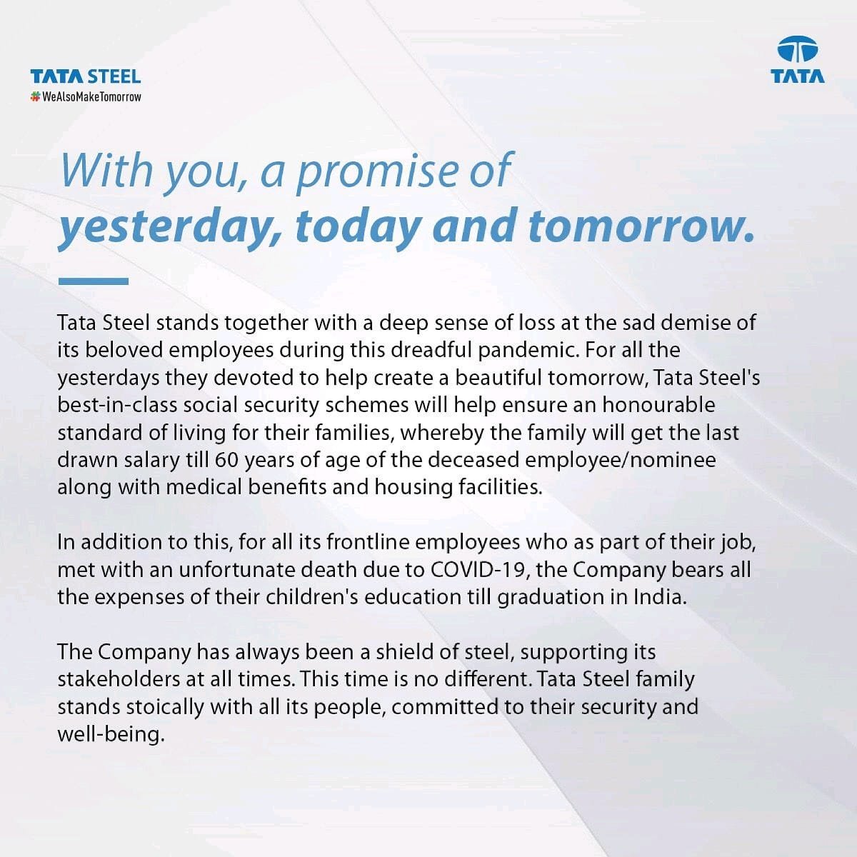 Ajay_Bagga's tweet photo. Deep respect for the Tata Group .
Tata Steel is the Platinum Standard of employee welfare.
Trusteeship at its best. https://t.co/tGW3hWwm0H