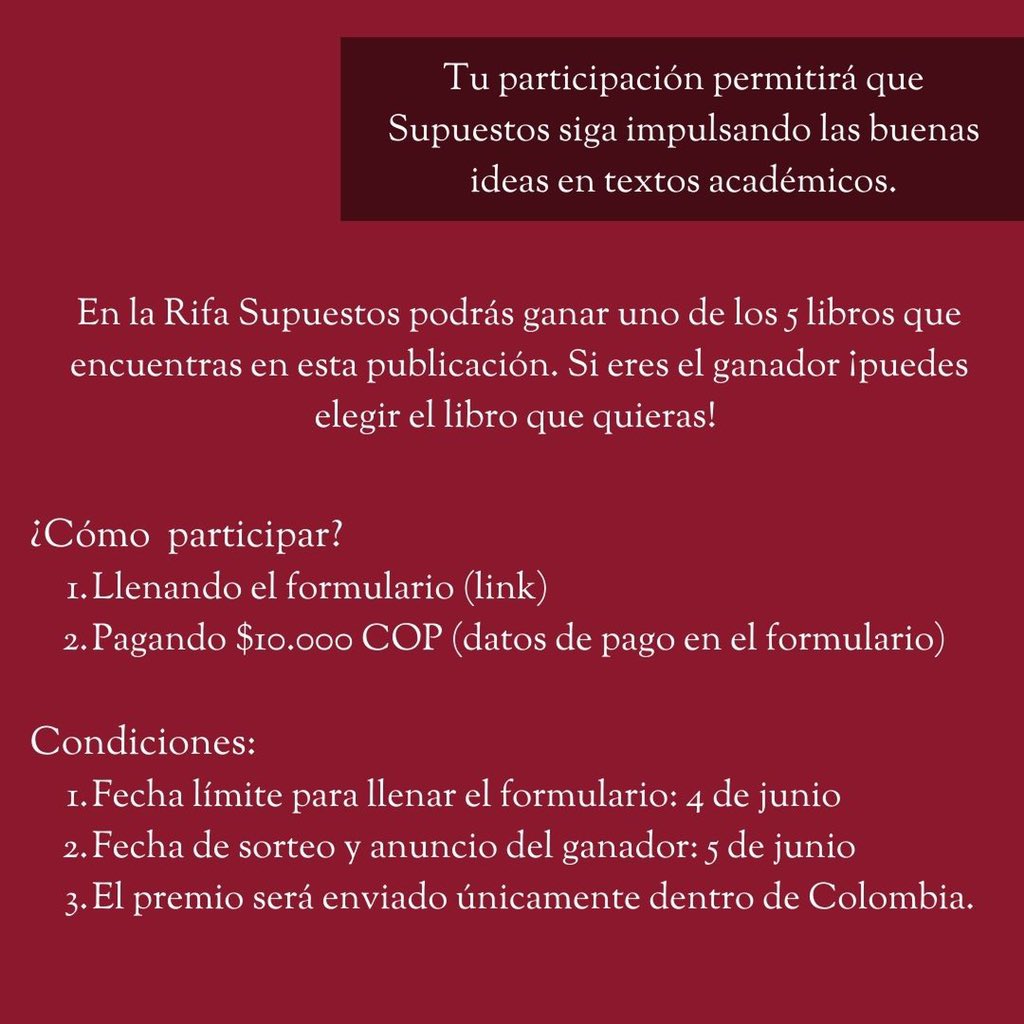 Rifa de la Revista Supuestos 🤩 ¡Ayúdanos a seguir impulsando las buenas ideas en textos académicos!
Link del formulario para participar: forms.gle/ewxDAi7V8pXxie…