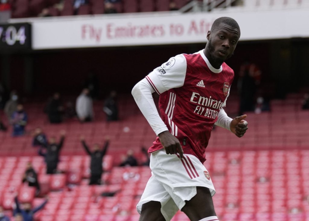 afcstuff's tweet photo. Nicolas Pepe has scored in three consecutive matches for the first time in his Arsenal career.

⚽️ vs. West Brom
⚽️⚽️ vs. Crystal Palace
⚽️⚽️ vs. Brighton

#afc https://t.co/eZrXPLhuRu