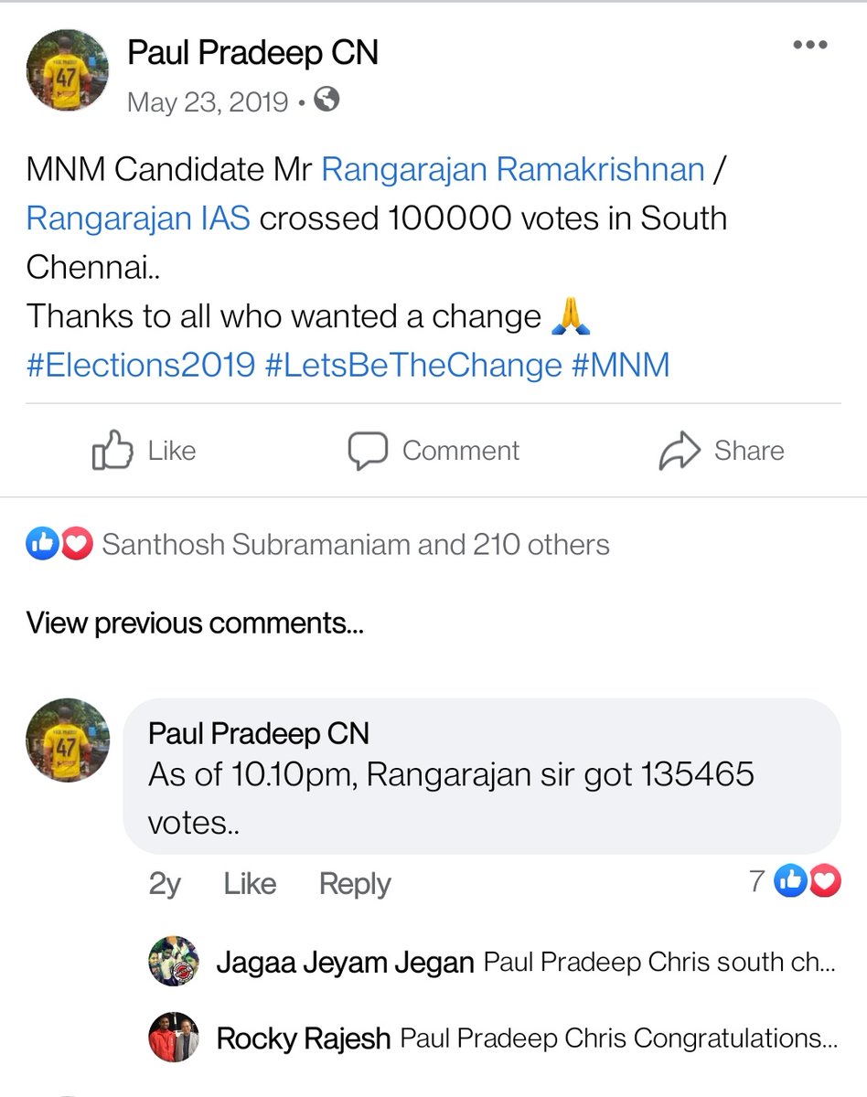 cnpaulpradeep's tweet image. Same day 2 years back!

#Election2019 Results

We got 135465 votes in South Chennai Parliamentary Constituency for our Candidate Mr @rangarajan_ias

Happy &amp;amp; proud to have worked for our MNM Candidate identified by @ikamalhaasan
@maiamofficial

#PaulPradeep #CampaignManager
#MNM
