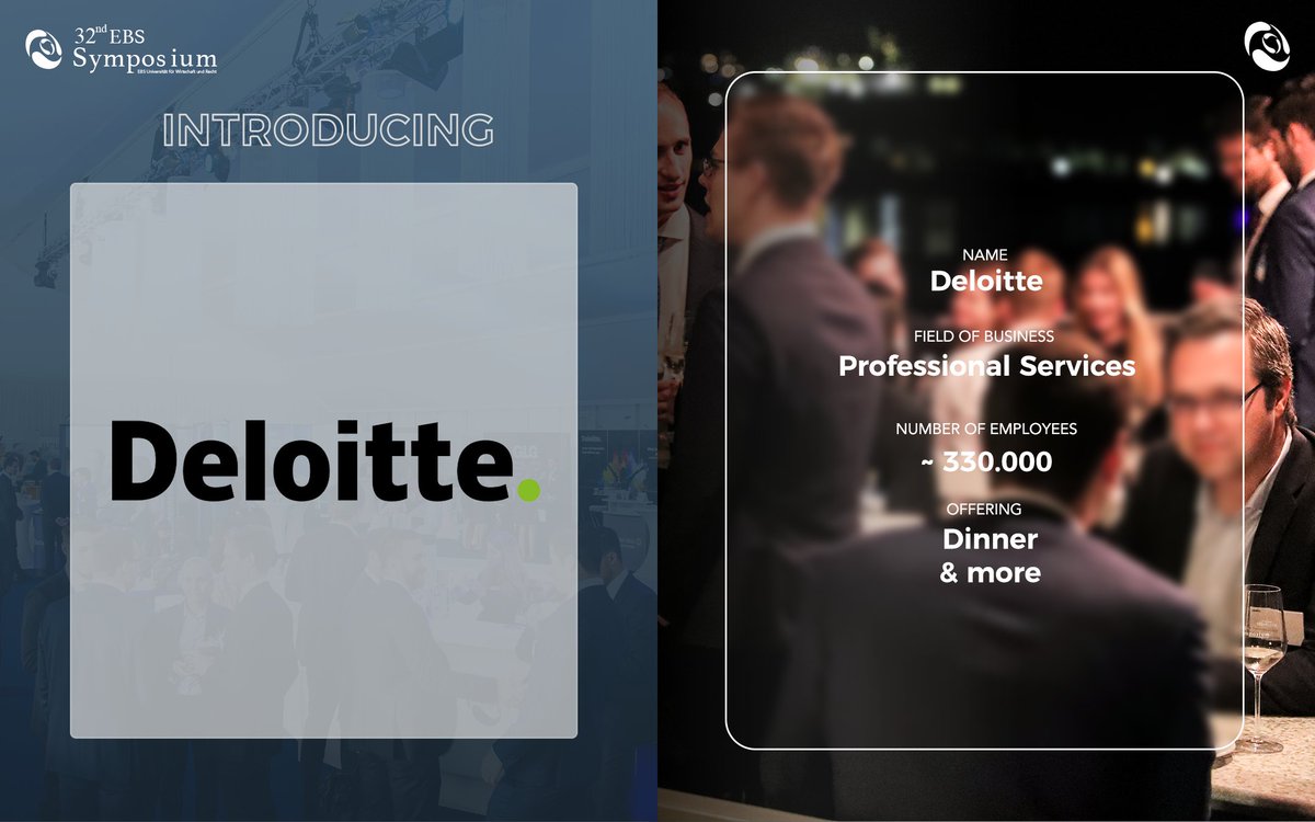 ebssymposium's tweet photo. We are excited to introduce our Corporate Partner: Deloitte.

Deloitte is a multinational professional services network with offices in over 150 countries worldwide and approximately 330.000 employees. 

#symplove #sympcorporate #meetatsymp https://t.co/Cj6fgwG5QN