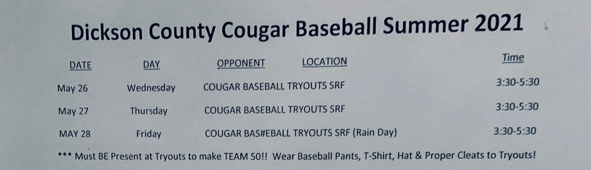 Rodney O. Parker! (@coachrop) on Twitter photo Tryout Info 4 Dickson County Cougars ⚾️ TEAM 50!! Bring It!! Tryout Info 4 Dickson County Cougars ⚾️ TEAM 50!! Bring It!!