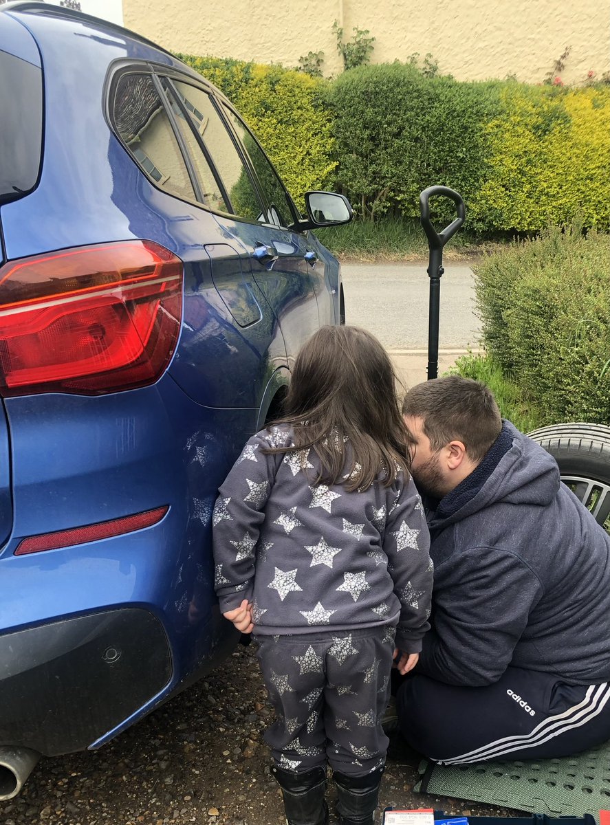 Barton_Barton's tweet photo. Quality family time this morning with Bea acting as chief “tool passer” while I changed the brakes on Elizabeth’s car. 
After a while she did get bored but I called her back out at the end so she could torque up the final wheel nut. https://t.co/OMZcwKWhdr