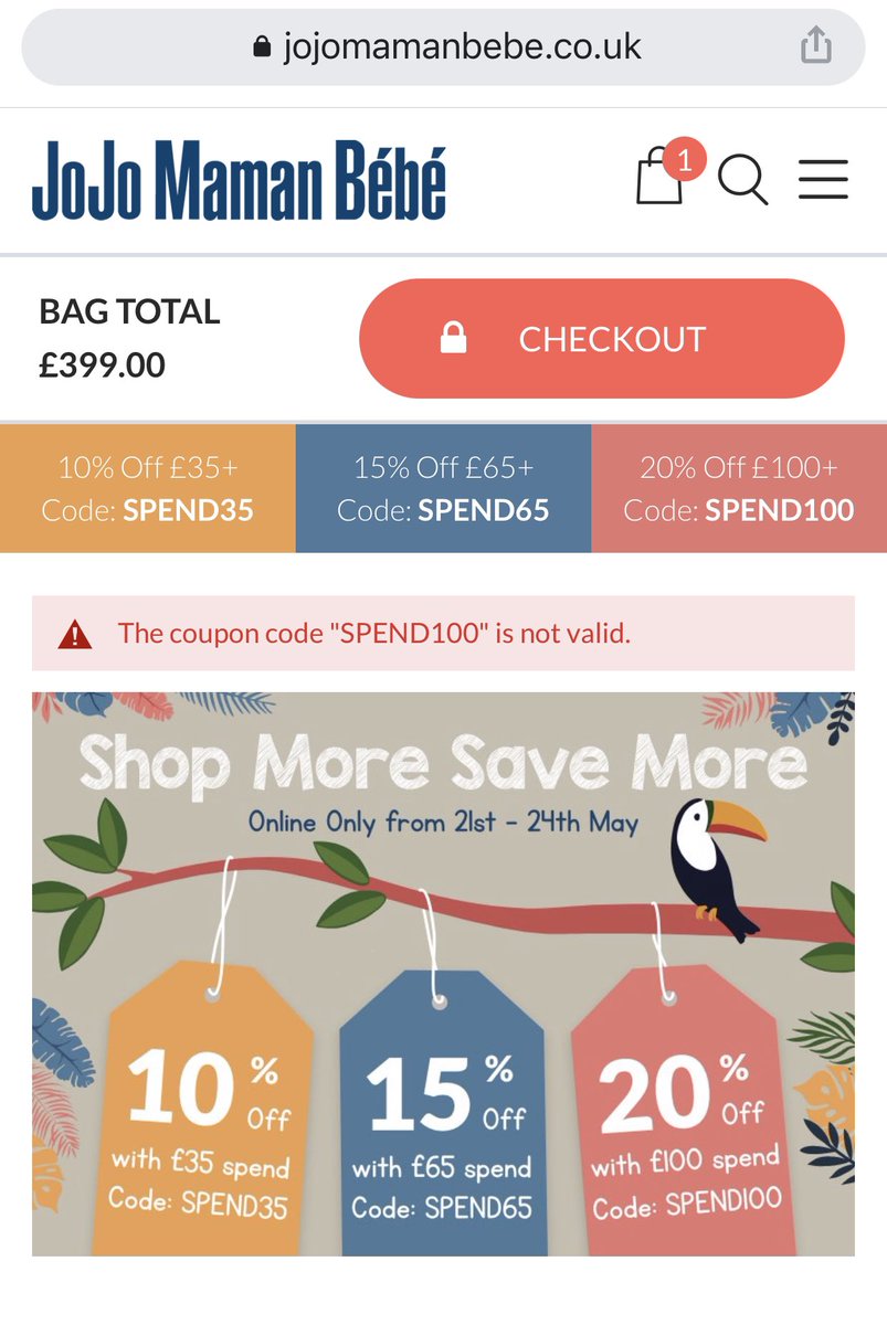ALTOnJohn19's tweet photo. @JoJoMamanBebe how come I cannot use the promo code you’re advertising? https://t.co/6mT7JTqpuK