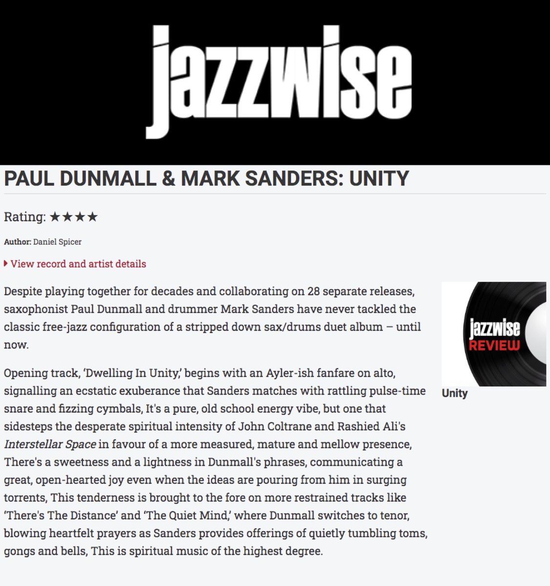 "This is spiritual music of the highest degree." 

UNITY, the amazing album by Paul Dunmall &amp; Mark Sanders gets a beautiful review by @mysterylesson for <a href="/Jazzwise/">Jazzwise</a>  

jazzwise.com/review/paul-du…