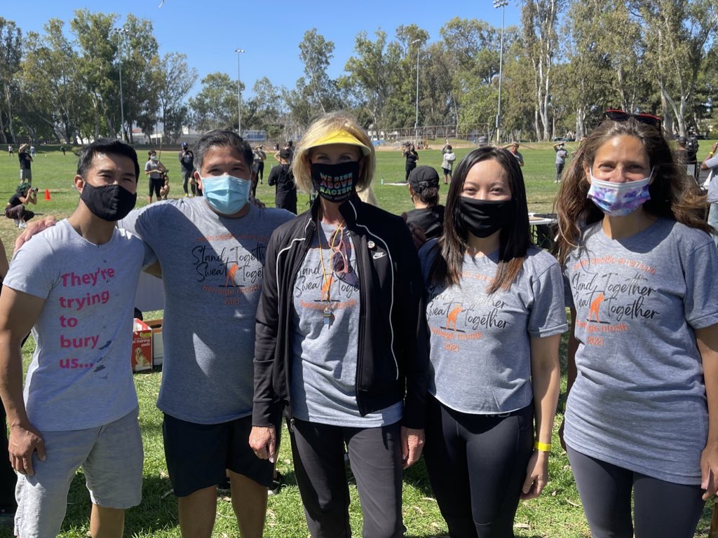 SupJaniceHahn's tweet photo. Here at Wilson Park in Torrance where residents are coming out (&amp; working out 🏋️‍♀️) in solidarity against AAPI hate.

This park was the site of a disturbing hate incident last year &amp; we’re here to send the message loud and clear: Hate &amp; racism have no place in our communities. https://t.co/4arWajD7Jn
