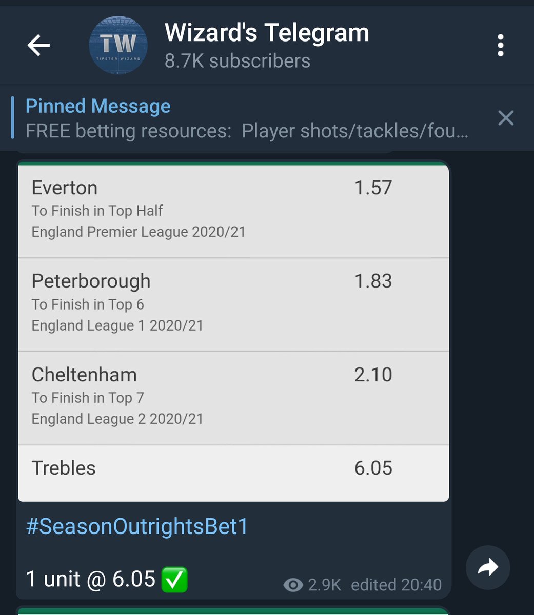 wizard_season's tweet photo. Season outright bets:

Outrights TREBLE @ 6.05 🔥✅
Southend relegated @ 6.00 🔥✅
Cheltenham Top 3 @ 5.00 ✅🔥
Outrights TREBLE @ 3.88 ✅ 🔥
Outrights TREBLE @ 5.21 ✖️

Total units staked: 5u
Total units profit: +16.38u
ROI: +327.6

All here - FREE 👉 https://t.co/Z1O55d6i6x https://t.co/fBwdNRk4QL