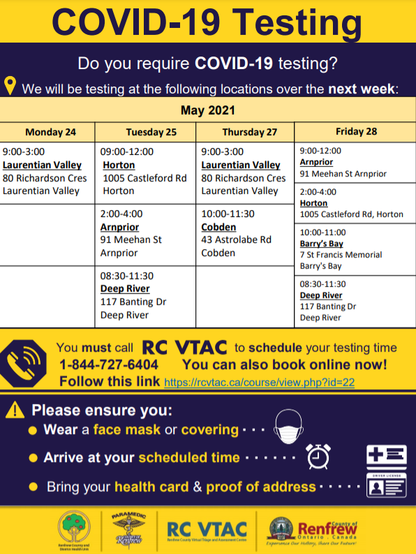 Here is the testing schedule for May 24-28. 

If you would like to see this schedule and book a #COVID19 test, check out RC VTAC's website at rcvtac.ca

Those who cannot book online can still call 1-844-727-6404.

#WearAMask #PhysicalDistancing #WashYourHands
