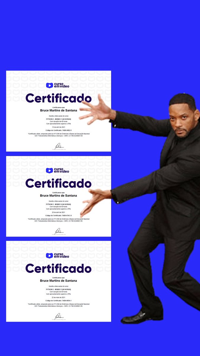 bruceewmesmo's tweet photo. Terminei os 3 mundos de Python do @cursosemvideo. 115 exercícios feitos!
Valeu @guanabara!

#python #cursoemvideo https://t.co/wwYQsQdHgr