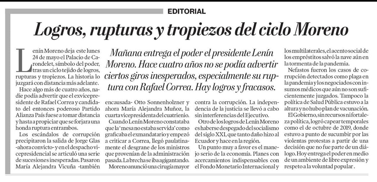 Lenin's tweet photo. Los editoriales de hoy de @elcomerciocom y @eluniversocom, narran con total libertad los aciertos y errores en estos 4 años de gobierno. 

¡Que alegría vivir en libertad de pensamiento y expresión!

¡#GraciasEcuador 🇪🇨! https://t.co/CUUQoh70XP