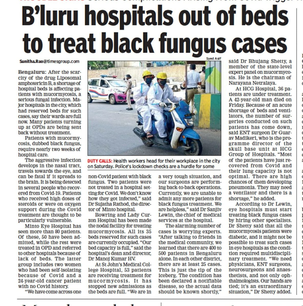 sunitha_rao's tweet photo. #Bengaluru #hospitals out of bed to treat #Mucormycosis/ #BlackFungus cases. #Shortage of drugs, beds hit many patients. Lost to follow up cases increasing.

@mla_sudhakar @DHFWKA @drashwathcn @WeAreBangalore #Amphotericin @SUNILNARAYAN @CMofKarnataka 
@vinaysreeni @sakie339 https://t.co/MwKFCp6qdQ