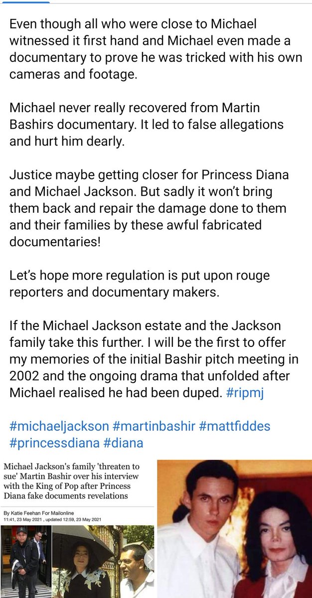KingBobIIV's tweet image. A statement issued by my friend @MattFiddesUK, in light of the Martin Bashir saga, and the effect it had on Michael Jackson, whom he worked for and was very close to. 

I&apos;ve known Matt 30+ yrs. If he says its true, I believe him. #MartinBashir #DefundTheBBC