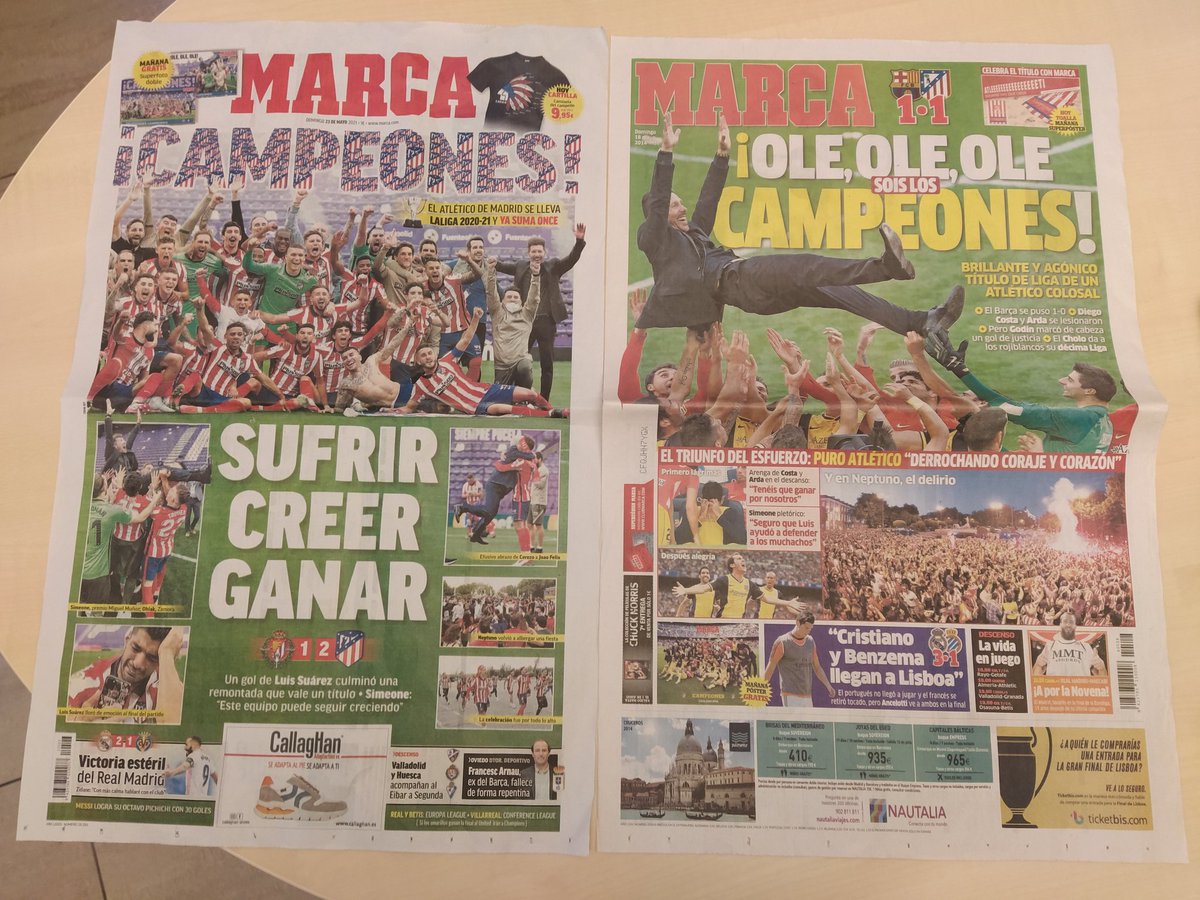 nacho_polo's tweet photo. Soy aficionado del @Atleti , guardo las dos portadas del @marca de las dos últimas ligas. Por qué soy del Atleti? Porque " la esperanza nunca se pierde, siempre se gana". Gracias por acompañarme siempre @ImJoseMariaPolo https://t.co/MReHKtlB2X