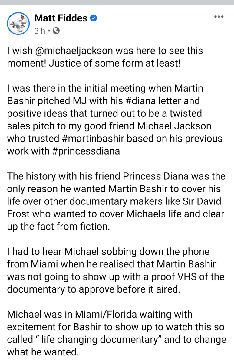 KingBobIIV's tweet image. A statement issued by my friend @MattFiddesUK, in light of the Martin Bashir saga, and the effect it had on Michael Jackson, whom he worked for and was very close to. 

I&apos;ve known Matt 30+ yrs. If he says its true, I believe him. #MartinBashir #DefundTheBBC