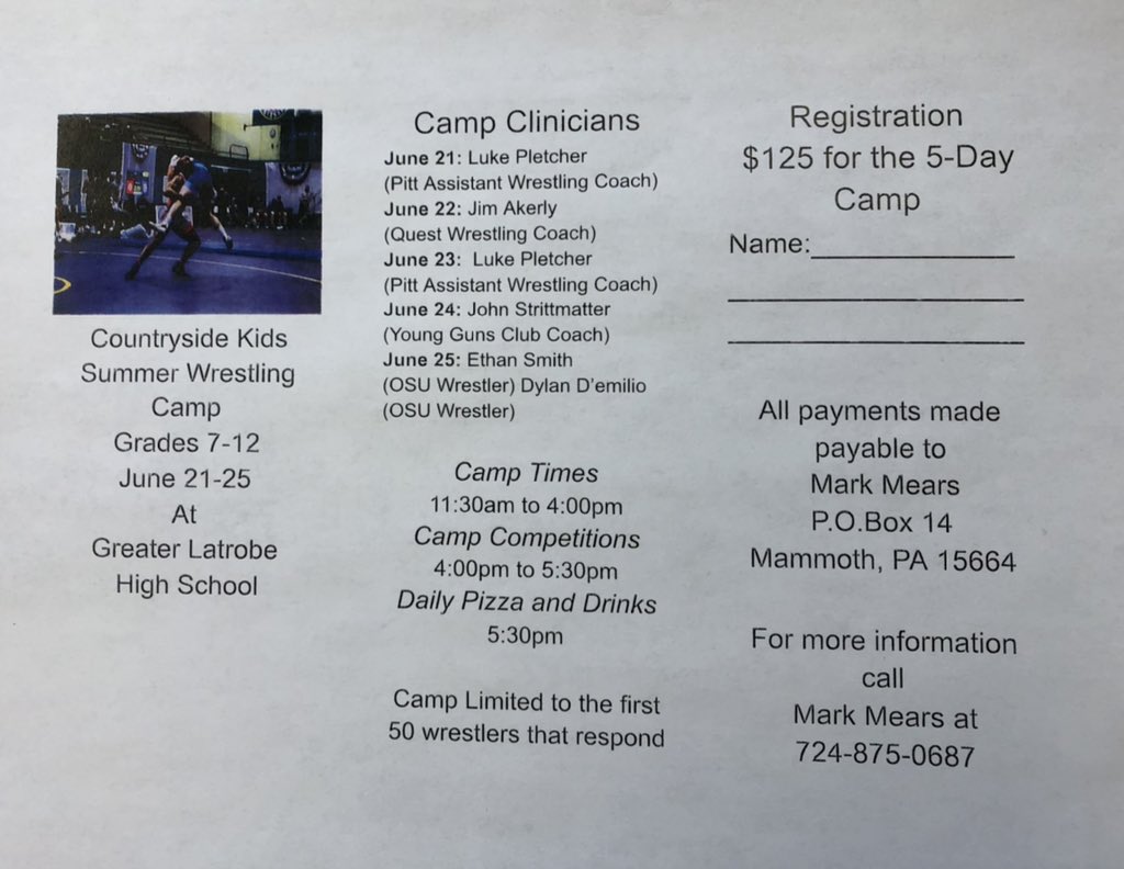 GLWRESTLING_'s tweet photo. Unbelievable Camp Staff coming in June! Limited to the first 50 wrestlers, read more below! @WPIALwrestle7 https://t.co/Oc9rvQW0JN