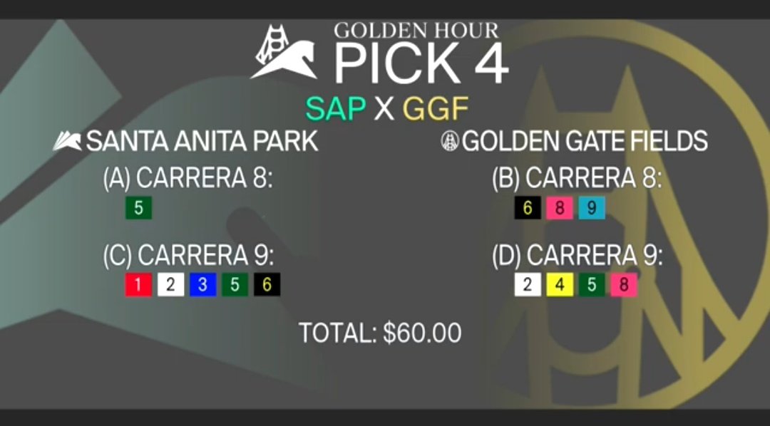 CanalHipicaTV's tweet photo. #Hipismo 
Domingo #23Mayo , aquí pueden ver los tickets preparados por nuestro equipo para el #GoldenHourPick4 y el #GoldenHourDouble en @santaanitapark y @GGFracing https://t.co/101FfmeM6P