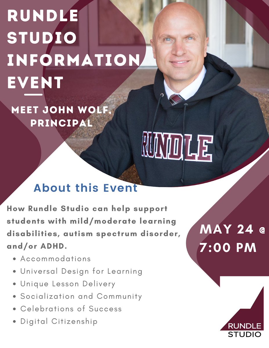 This Monday, May 24, 7pm we will be hosting an information session on how Rundle Studio supports students with mild/moderate learning disabilities, autism spectrum disorder, and/or ADHD. 
Find out more at rundle.ab.ca/studio   Sign up at  bit.ly/studioinfosess… <a href="/RundleStudio/">Rundle Studio</a>