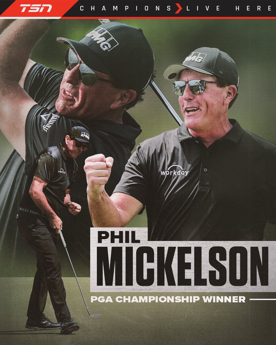 TSN_Sports's tweet photo. Lefty has done it! 👏 Phil Mickelson wins the #PGAChampionship, earning his 6th major victory and first since 2013! 

At 50 years old, Mickelson is the oldest golfer to ever win a major on the PGA Tour. 

What. A. Story. ✍️ https://t.co/gCTsfl3Dny