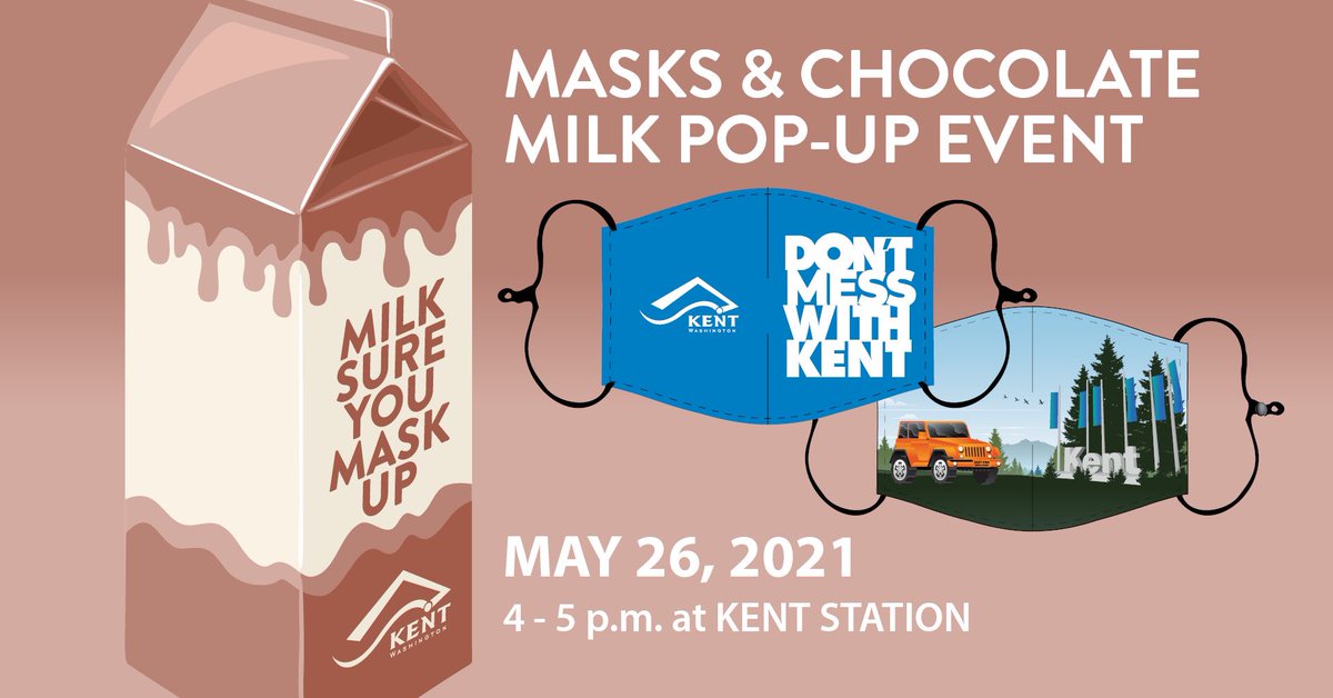 Join us at @KentStation this Wednesday, May 26 from 4 - 5 PM in front of AMC for some free City of Kent face masks and chocolate milk from <a href="/SmithBrosFarms/">Smith Brothers Farms</a>!

This will be a walk-up event!
#MilkSureToMaskUp #WeAreKent
