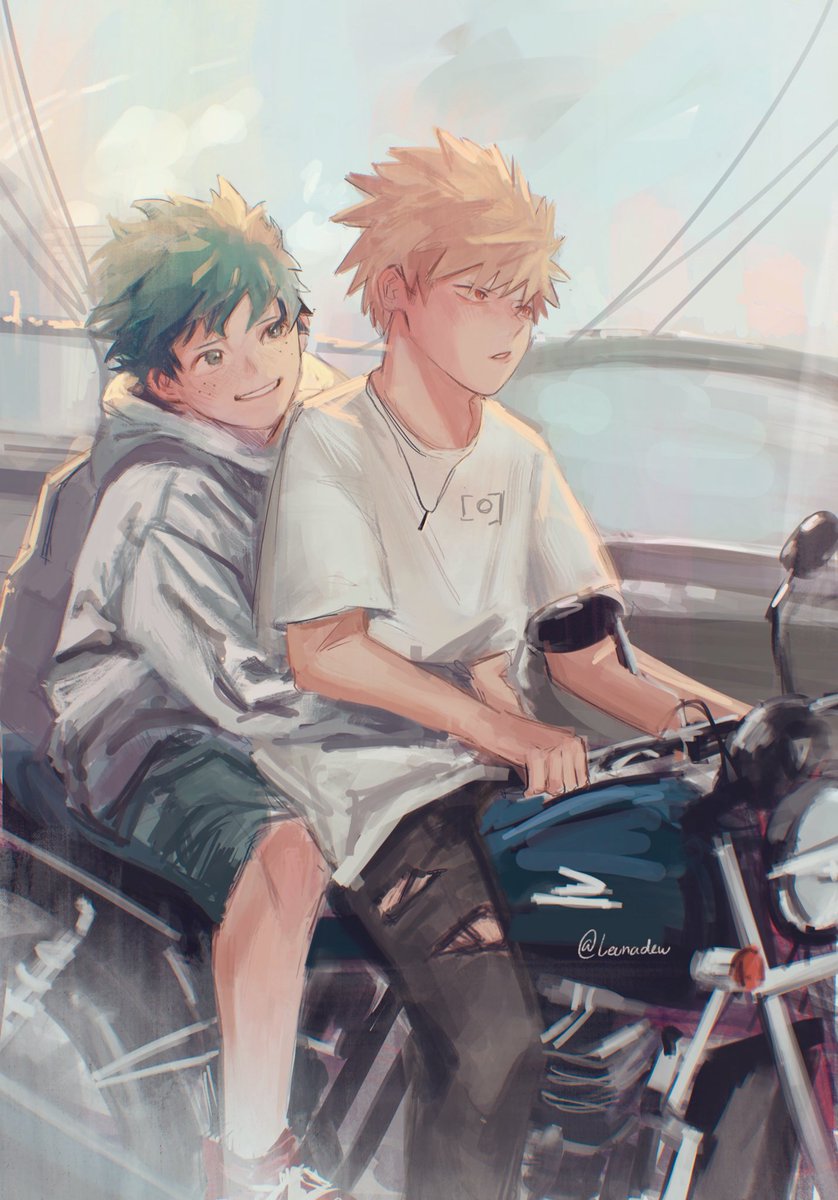 bakugou katsuki ,midoriya izuku multiple boys ground vehicle male focus 2boys green hair blonde hair motor vehicle  illustration images