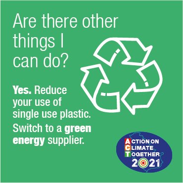 Small changes such as always carrying a bag, a water bottle or a reusable cup will reduce the amount of single-use plastic in daily life. Switching to a green energy supplier is another way to contribute against climate change.
#ACT2021
