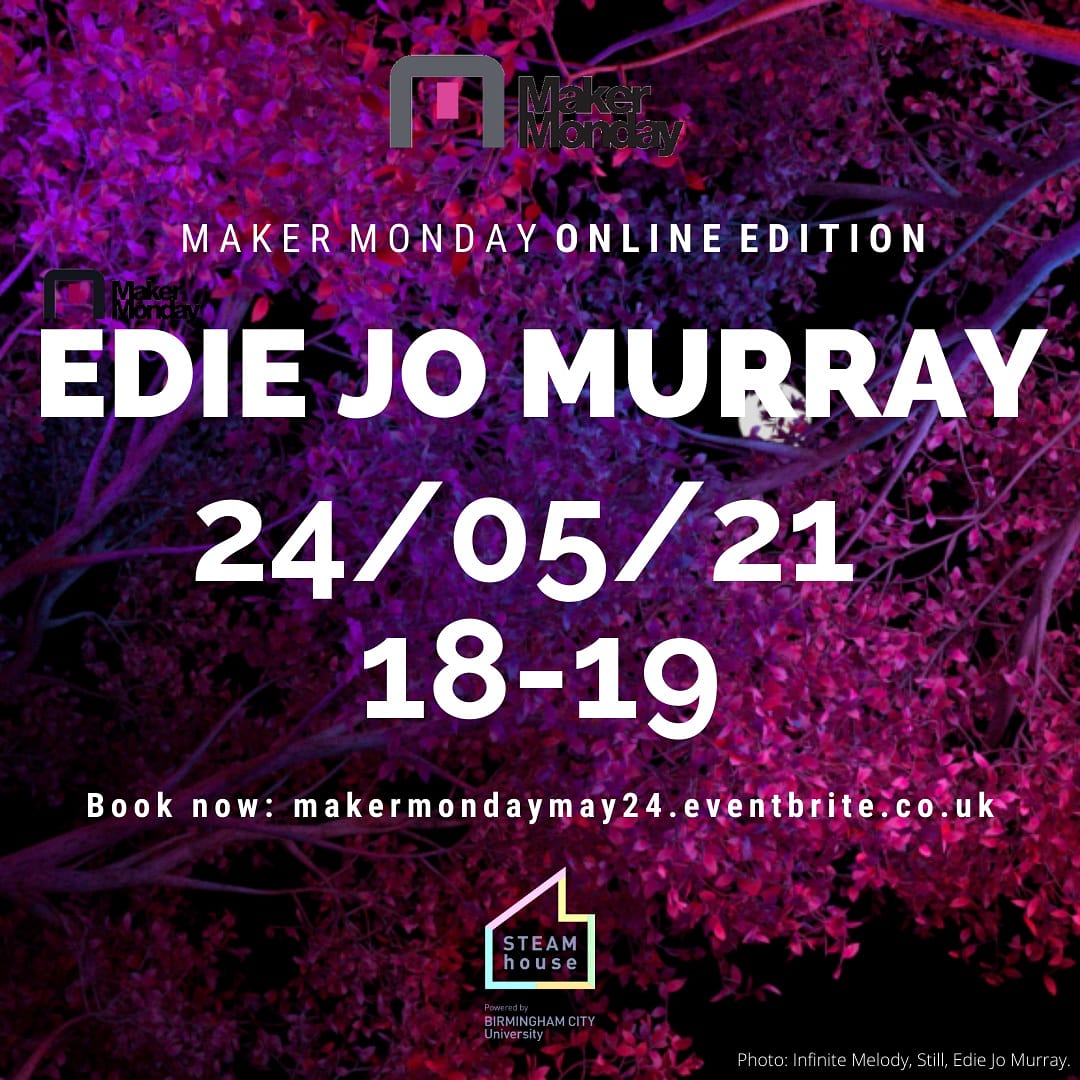 Maker_Monday's tweet photo. Evening #BrumHour. Join us for @Maker_Monday tomorrow from 6pm with guedt @echodeltamoon. 

Edie will take the audience on a whistle-stop deep dive into unreality, and share how she uses art as a way to interrogate the malleability of existence.

Book now https://t.co/3PD2yoT0EF https://t.co/ZQJTY9j0dV
