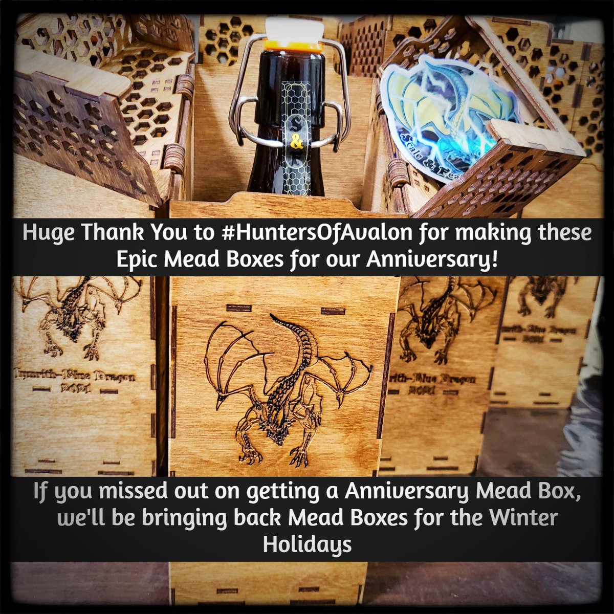 SnFMeadery's tweet photo. Thank you to @huntersofavalon for making the amazing Mead Boxes for our 2 year Anniversary!

If you missed out on getting an Anniversary Mead Box, we'll be bringing back Mead Boxes for the Winter Holidays this year!

#scaleandfeather #mead #huntersofavalon https://t.co/TEZLZ60Xds
