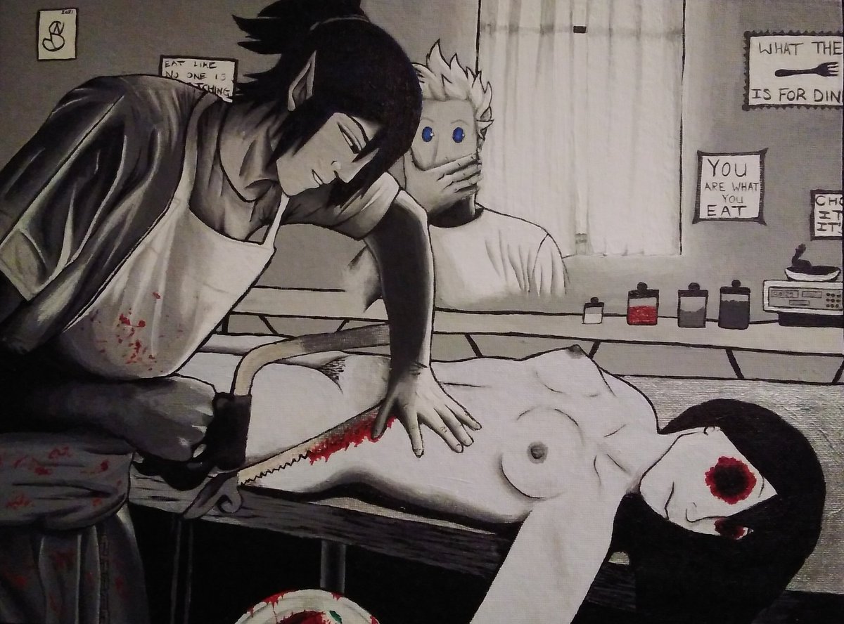 I'm excited to share my piece for the <a href="/afterdarkBNHA/">BNHA:AfterDark</a> bang! <a href="/luxuriasAO3/">luxurias 🏳️‍⚧️</a> has been a blast to work with 💜

CW: mutilation , dismemberment , cannibalism , gore

(acrylic on canvas)