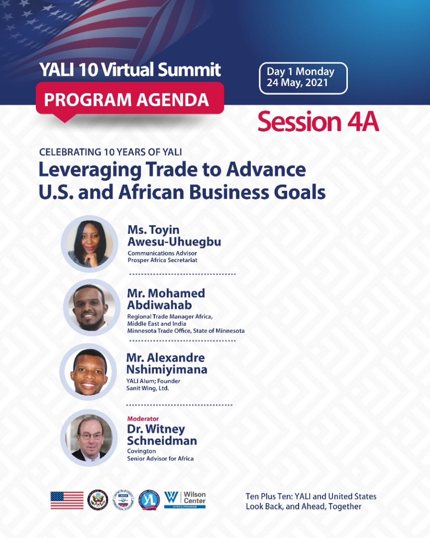 yamc_online's tweet photo. The YALI 2021 Virtual Summit Day 4 Session 4A at 3:20pm GMT.

Topic: Leveraging Trade to Advance U.S. and African Business Goals

Register for the Summit now: https://t.co/27lKgvjKmZ

#YALIat10 
#YALISummit 
#USAfricaRelations
#YALICreatives 
#YALITV https://t.co/HvrGK44aGy