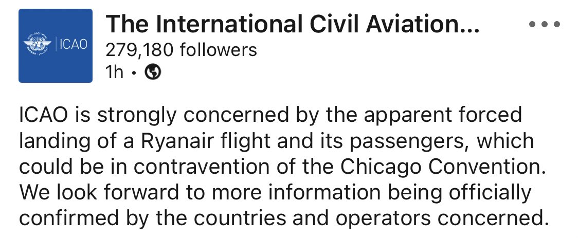AviationAPB's tweet photo. Statement from ICAO in regards to #FR4978 “diversion” to Minsk earlier today. https://t.co/l8PMK23QQS