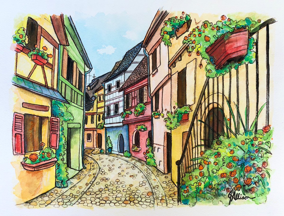 KidRambunctious's tweet photo. Today my paintbrush took me on a stroll down cobblestone roads in Alsace, France. #watercolorart #painting #Alsace #france #colorfulhouses #urbansketching #lineandwash #art https://t.co/5X9qPRX1hG