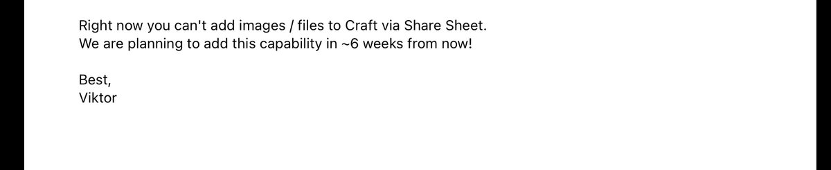 Craft app was a great recommendation by <a href="/imyke/">Myke Hurley</a> on a recent <a href="/cortexpodcast/">Cortex</a>. I’m loving it as an Evernote exile. Less than 24 hours after I enquired why I couldn’t use the share sheet to put images into Craft, I received this..

This is the sign of a great developer. <a href="/craftdocs/"></a>