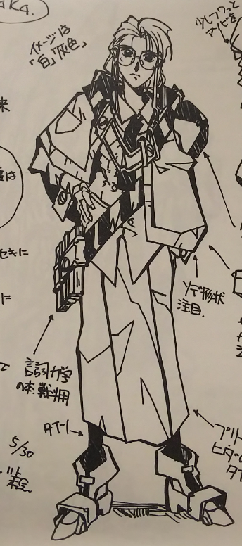 しかしまあ懐かし話してるのは理由がありまして。ファン学の話をしてるとき、副担当の小原さん曰く「学生が戦闘とか、ソレ用の制服とか、OSAKAですよね」ということで。アー! と思って昔の資料とか引っ張り出してたんですね。
ワー、設定の原画(?)。97年ですよ。方向性は正しい気が。