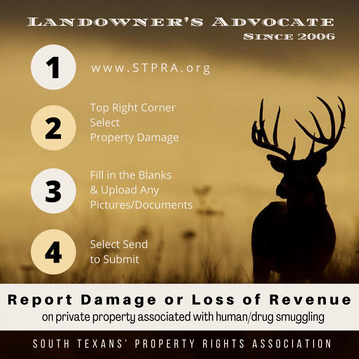 STPRA1's tweet photo. We have been asked by U.S. Senator John Cornyn's staff and Texas Governor Greg Abbott to document all property damage associated with human and drug smuggling in South Texas. Remember to report damages, as well as loss of deer lease revenue, and cleanup cost. #border #cbp #txdps https://t.co/Ug0PdD689R