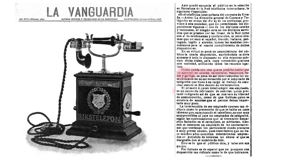 inaciugalan's tweet photo. “Se prohíbe hablar por los aparatos en catalán, valenciano, vascuence, bable y gallego, so pena de ser interrumpidos los comunicantes en su conversación por el empleado de telégrafos”.

Un día como güei de 1896 prohibíase falar per teléfonu n’#asturianu. Siguen intentándolo. https://t.co/2OokdxyX30