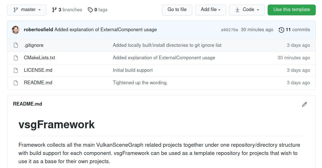 RobertOsfield's tweet image. vsgFramework github repository is set up so it can be used a template for your own #VulkanSceneGraph based projects, note the green [Use This template] button on the #github page: