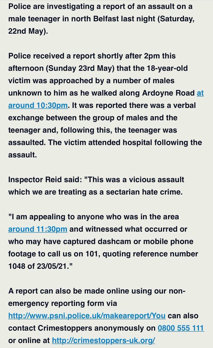 trishdevlin's tweet photo. Police appeal for information over a report of a vicious sectarian assault on a teenager which took place in the Ardoyne Road area last night. https://t.co/9uEd7tzenf