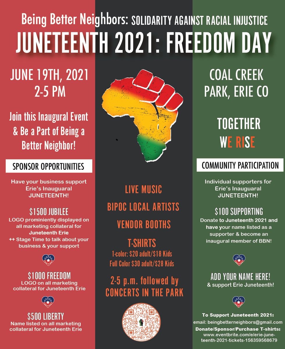 yellowscenemag's tweet photo. I am so excited to be a part of the fundraising team for  #Juneteenth right here in Erie CO. Being Better Neighbors is a group that sprang up in 2020 to support the #BIPOC community living in the burbs. Join us &amp; we would love to have you sponsor/support!
https://t.co/BijDpNtbkO https://t.co/Nsj1ymYEV2