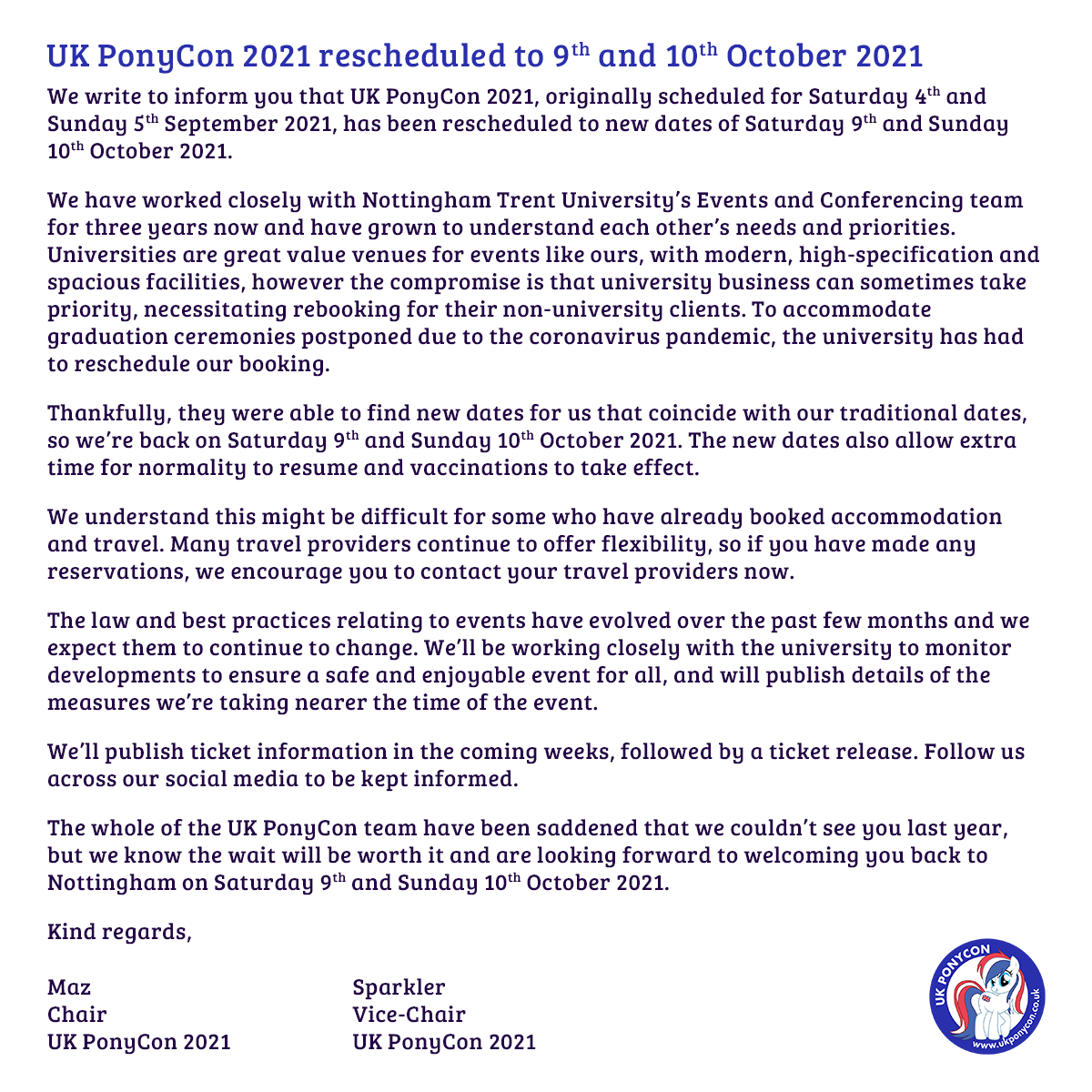 UK PonyCon 2021 rescheduled to 9th and 10th October 2021. See the image or go to our website for more information ukponycon.co.uk/2021/05/23/uk-…