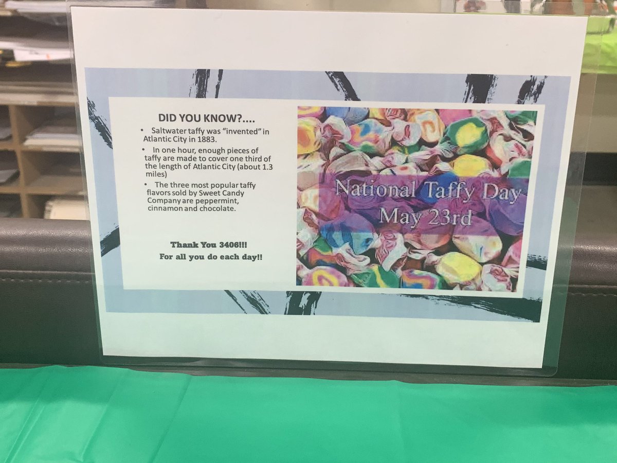 cam6218's tweet photo. Celebrating “National Taffy Day” here at 3406!!! Enjoying some Fun Taffy Facts and treats. @nh_carpenter @HomeDepotWLeb @jennerbec72 @whipplenh @stevenlongmoor1 @RodneyH52251948 @Noel18545207 https://t.co/3bOrn8fEPx