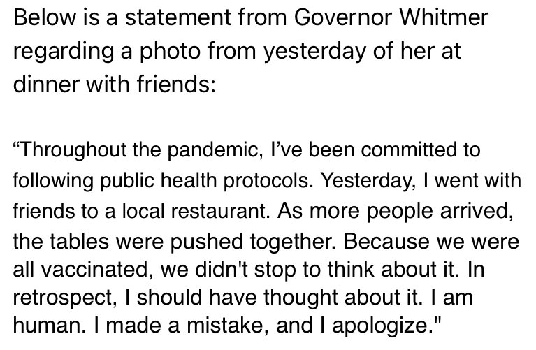 EricLloyd's tweet image. REACTION: After a photo surfaced of @GovWhitmer at a table in an East Lansing bar with a dozen other people, seemingly against her own COVID orders, her press secretary released this statement from Whitmer:

@9and10News