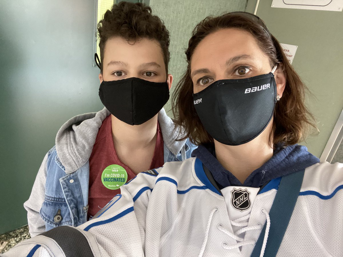 JetsGirl76's tweet photo. Doing our part!! #vaccinated #stayhome  #WearAMask #13yroldvaccinated #heneedsahaircut #froboy https://t.co/yMIQH1H1xE