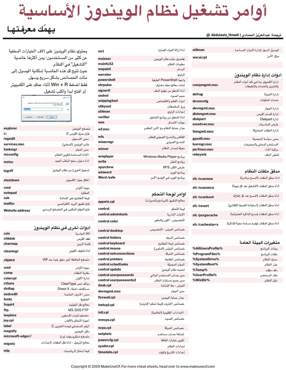 Abdulaziz_Hmadi's tweet photo. يحتوي نظام الويندوز على آلاف المزايا الخفية؛ وأحد أهم هذه المزايا ميزة "تشغيل" في كمبيوترك!
بحيث تقدر عبرها القيام بمئات الأمور بشكل سريع، والتحكم في عدد كبير من الخصائص في جهازك.

في الملف التالي أهم 100 أمر من أوامر "تشغيل" ترجمتها لكم إلى العربية:
https://t.co/dcjpci9L6H https://t.co/TWl3NDJ0vg
