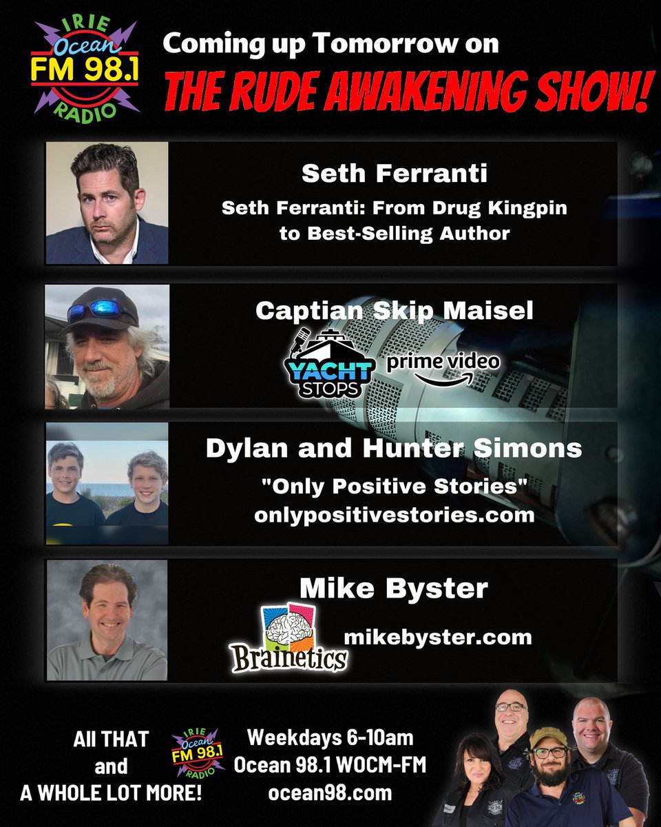 Ocean98WOCM's tweet photo. Coming up tomorrow morning! #ocean98 #voiceofthecommunity #thankyouforlistening #bulldogsrudeawakeningshow #ocmd 
#thecarstoremdde #thetruckstoremdde #sethferranti #yachtstops #primevideo #onlypositivestories #mikebyster #brainetics https://t.co/YLpwoMHjRz